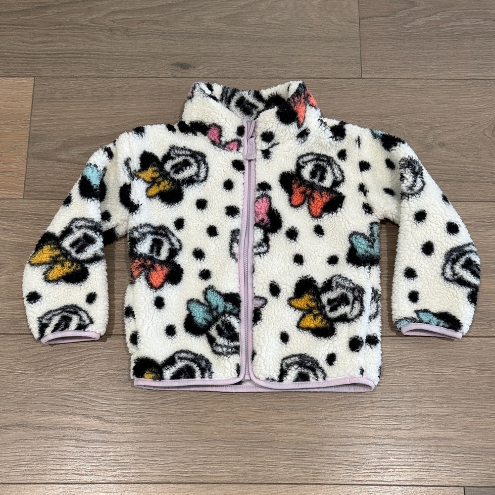DISNEY Jumping Beans Cream Purple Minnie Mouse Sherpa Full Zip Cozy Jacket Sz 3T